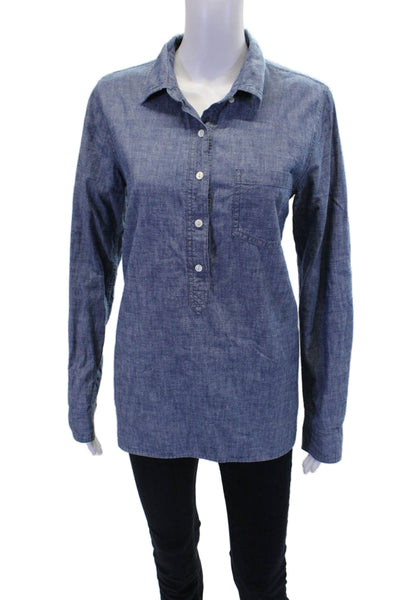J Crew Womens Cotton Collared Long Sleeve Quarter Buttoned Blouse Blue Size 8