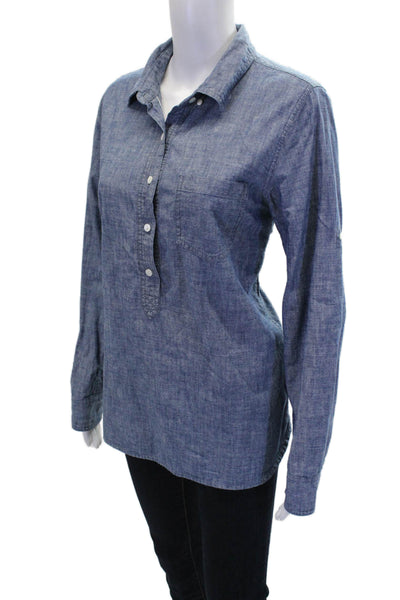J Crew Womens Cotton Collared Long Sleeve Quarter Buttoned Blouse Blue Size 8