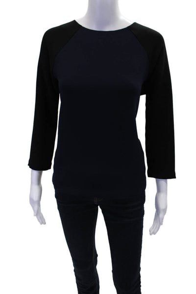 J Crew Womens Round Neck Colorblock Long Sleeve Blouse Dark Blue Size 2