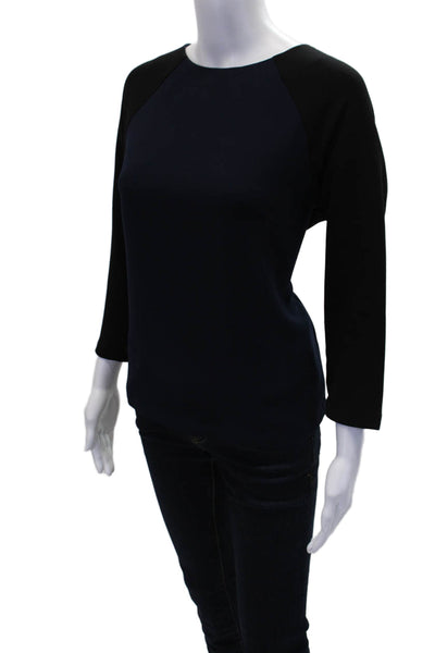 J Crew Womens Round Neck Colorblock Long Sleeve Blouse Dark Blue Size 2