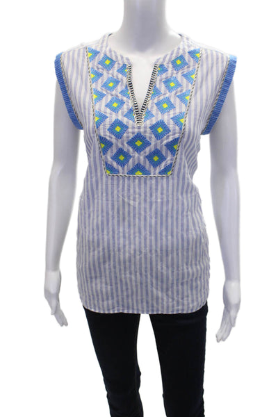 J Crew Womens Cotton Striped Sleeveless Geometric Embroidered Blouse Blue Size 4