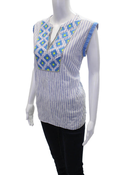 J Crew Womens Cotton Striped Sleeveless Geometric Embroidered Blouse Blue Size 4