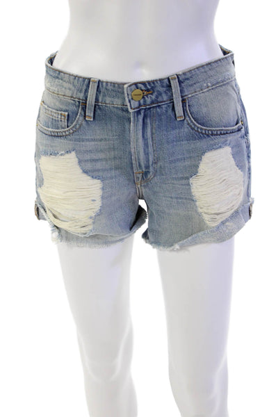 Frame Womens Zipper Fly Mid Rise Cuffed Distressed Denim Shorts Blue Size 24