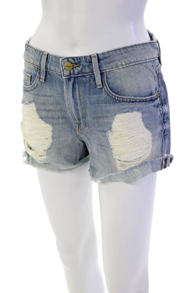 Frame Womens Zipper Fly Mid Rise Cuffed Distressed Denim Shorts Blue Size 24