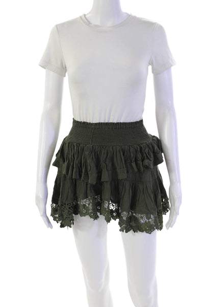 Muche Et Muchette Womens Smocked Waistband Lace Trim Skirt Olive Green One Size