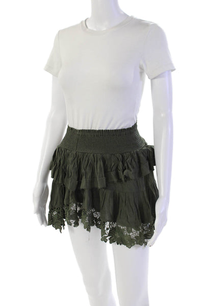 Muche Et Muchette Womens Smocked Waistband Lace Trim Skirt Olive Green One Size