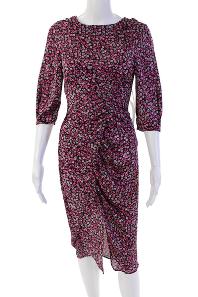 Zara Womens Back Zip Short Sleeve Scoop Neck Floral Dress Black Pink Size XS