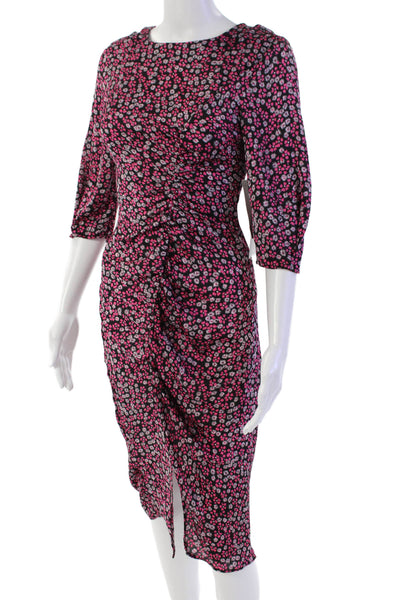 Zara Womens Back Zip Short Sleeve Scoop Neck Floral Dress Black Pink Size XS