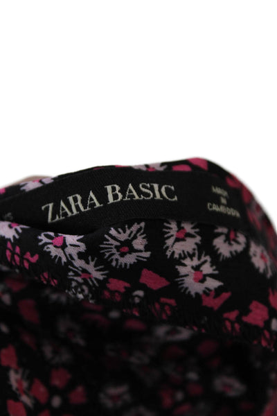 Zara Womens Back Zip Short Sleeve Scoop Neck Floral Dress Black Pink Size XS