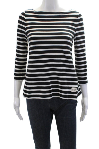 Broome Street Women's Round Neck 3/4 Sleeves Ruffle T-Shirt Black White Size XS