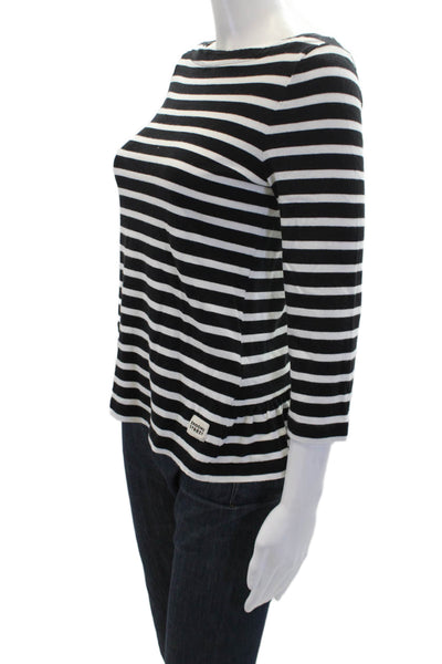 Broome Street Women's Round Neck 3/4 Sleeves Ruffle T-Shirt Black White Size XS