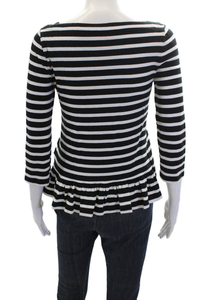 Broome Street Women's Round Neck 3/4 Sleeves Ruffle T-Shirt Black White Size XS