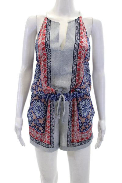 BCBGMAXAZRIA Womens Abstract Print V-Neck Drawstring Romper Multicolor Size S