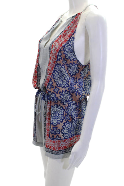 BCBGMAXAZRIA Womens Abstract Print V-Neck Drawstring Romper Multicolor Size S
