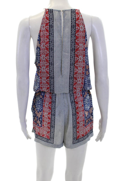BCBGMAXAZRIA Womens Abstract Print V-Neck Drawstring Romper Multicolor Size S
