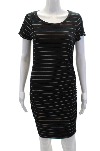 Sundry Womens Striped Round Neck Ruched Waist Pullover Dress Black Size 1