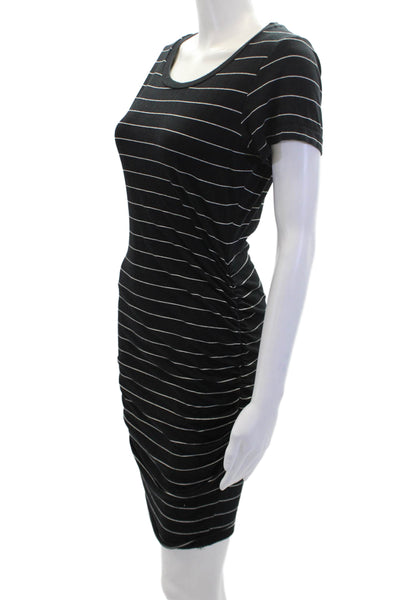 Sundry Womens Striped Round Neck Ruched Waist Pullover Dress Black Size 1