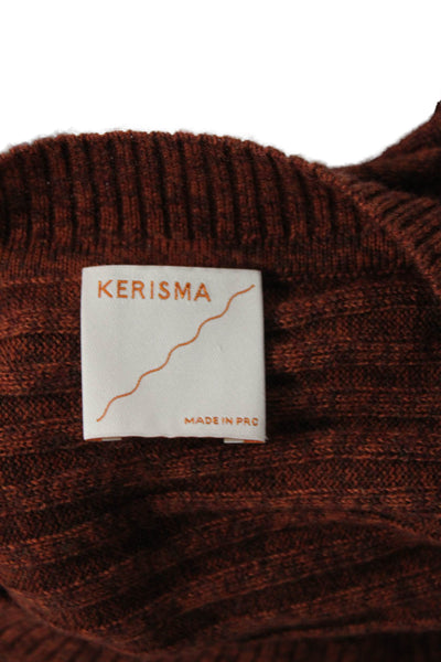 Kerisma Women's Round Neck Long Sleeves Ribbed Pullover Sweater Brown Size S/M