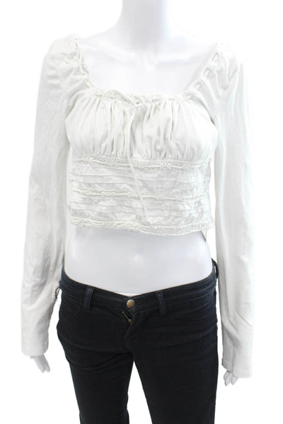Free People Women's Scoop Neck Long Sleeves Lace Trim Cropped Top White Size M