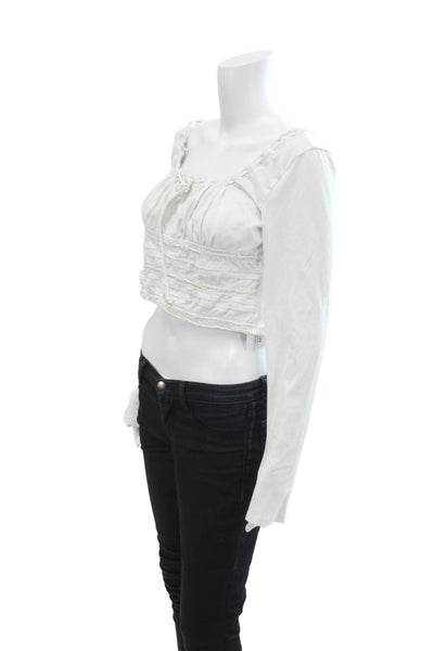 Free People Women's Scoop Neck Long Sleeves Lace Trim Cropped Top White Size M