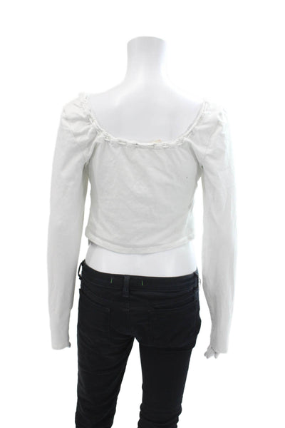 Free People Women's Scoop Neck Long Sleeves Lace Trim Cropped Top White Size M