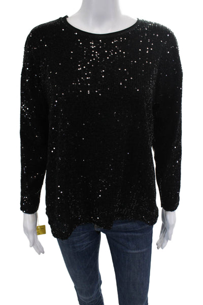 Flora Ashley Womens Knit Sequin Round Neck Pullover Sweater Top Black Size XS