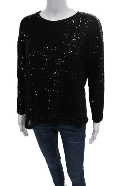 Flora Ashley Womens Knit Sequin Round Neck Pullover Sweater Top Black Size XS