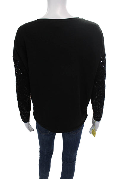 Flora Ashley Womens Knit Sequin Round Neck Pullover Sweater Top Black Size XS