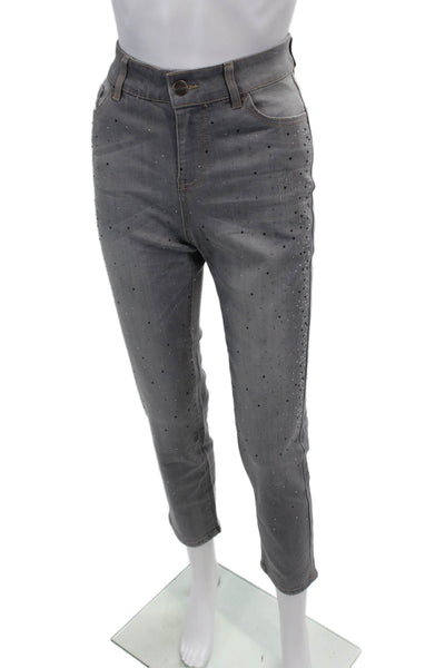 Renuar Womens Cotton Blend Crystal Detail High-Rise Skinny Jeans Gray Size 2