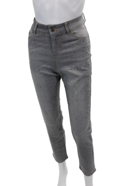 Renuar Womens Cotton Blend Crystal Detail High-Rise Skinny Jeans Gray Size 10