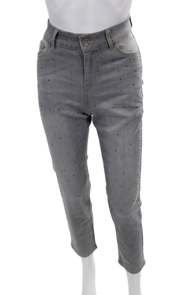 Renuar Womens Cotton Blend Crystal Detail High-Rise Skinny Jeans Gray Size 8
