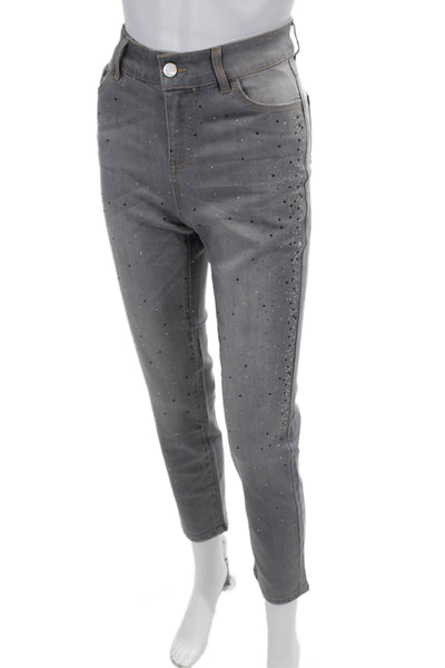 Renuar Womens Cotton Blend Crystal Detail High-Rise Skinny Jeans Gray Size 8
