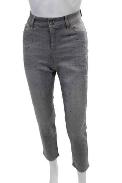 Renuar Womens Cotton Blend Crystal Detail High-Rise Skinny Jeans Gray Size 14