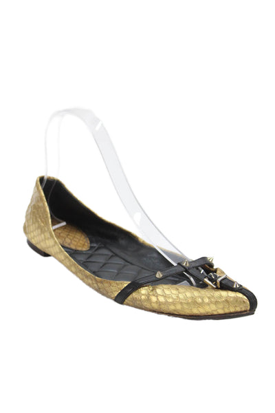 Brian Atwood Womens Leather Pointed Toe Studded Detail Flats Gold Size 8.5