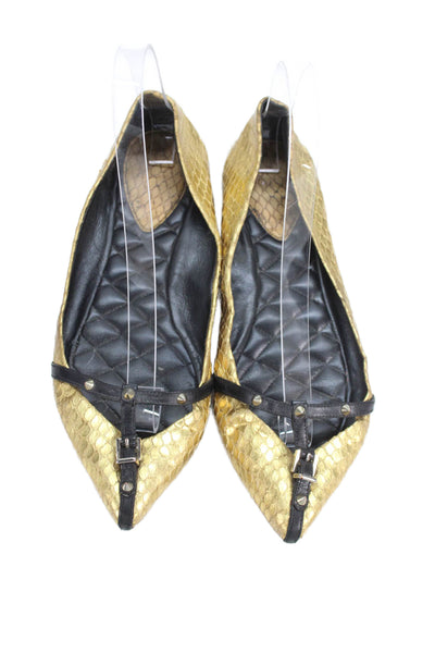 Brian Atwood Womens Leather Pointed Toe Studded Detail Flats Gold Size 8.5
