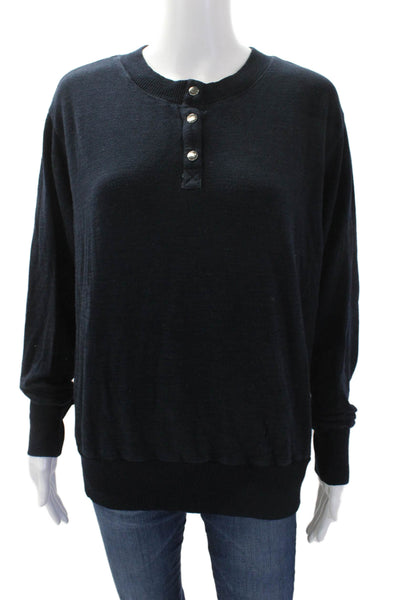 Monrow Womens Round Neck Quarter Button Down Pullover Sweatshirt Blue Size M