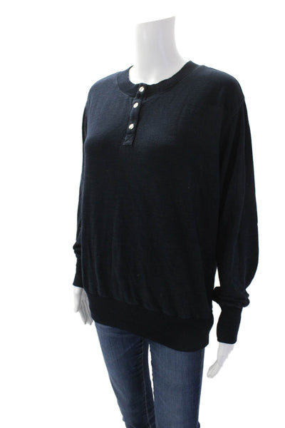 Monrow Womens Round Neck Quarter Button Down Pullover Sweatshirt Blue Size M