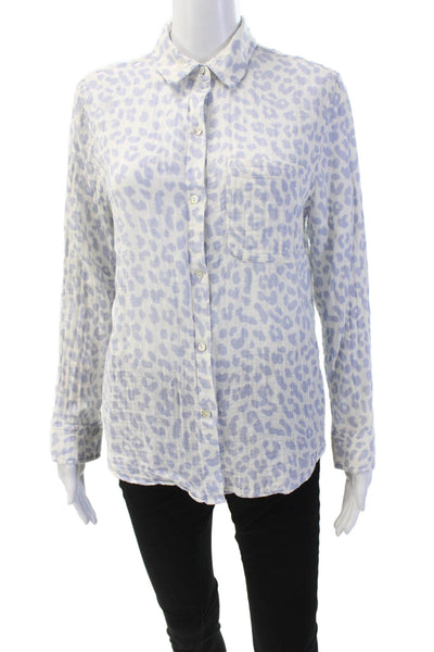 Rails Womens Button Front Long Sleeve Leopard Shirt White Blue Cotton Size Small