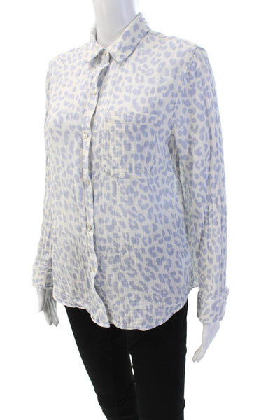 Rails Womens Button Front Long Sleeve Leopard Shirt White Blue Cotton Size Small