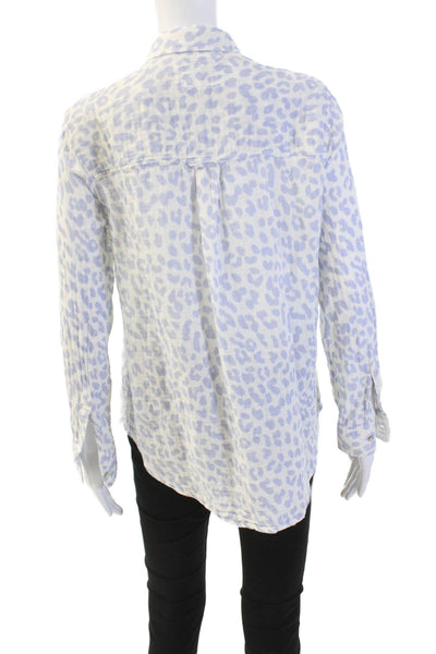 Rails Womens Button Front Long Sleeve Leopard Shirt White Blue Cotton Size Small