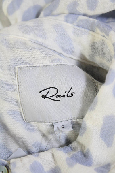 Rails Womens Button Front Long Sleeve Leopard Shirt White Blue Cotton Size Small