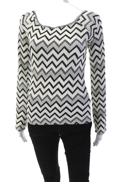 M Missoni Womens Long Sleeve Scoop Neck Chevron Knit Top White Black Size 2