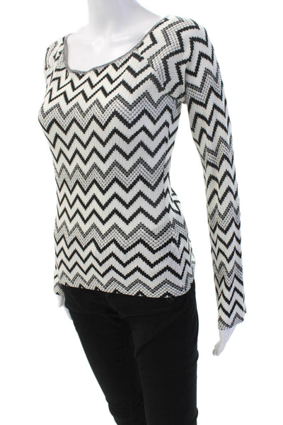 M Missoni Womens Long Sleeve Scoop Neck Chevron Knit Top White Black Size 2