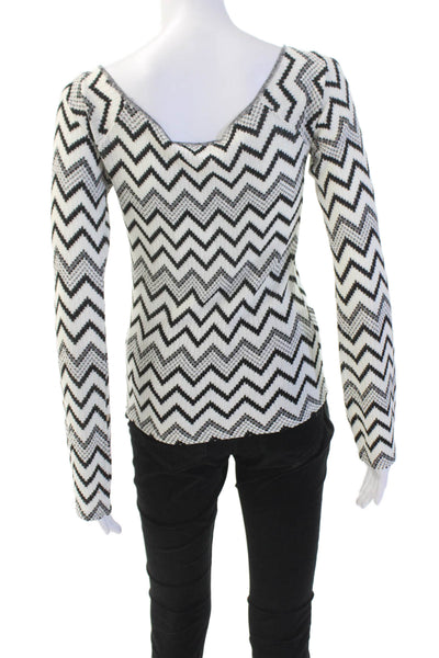M Missoni Womens Long Sleeve Scoop Neck Chevron Knit Top White Black Size 2