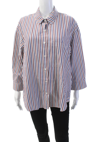 Stateside Womens Button Front Collared Striped Shirt White Blue Red Size Small