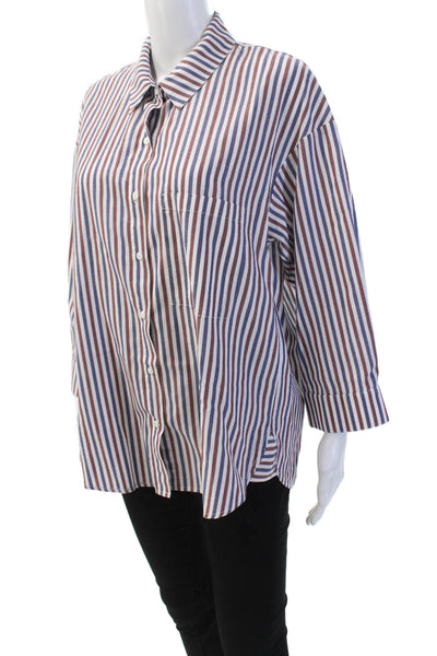 Stateside Womens Button Front Collared Striped Shirt White Blue Red Size Small