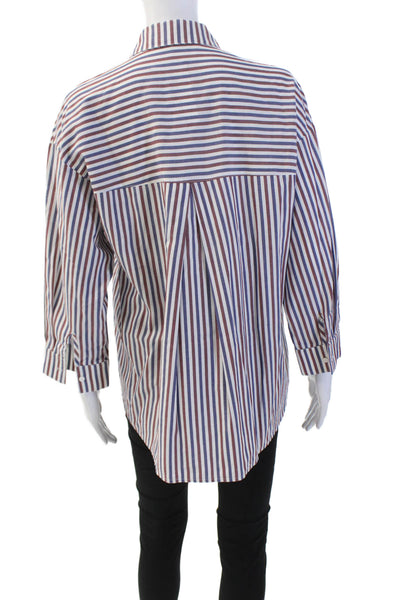 Stateside Womens Button Front Collared Striped Shirt White Blue Red Size Small