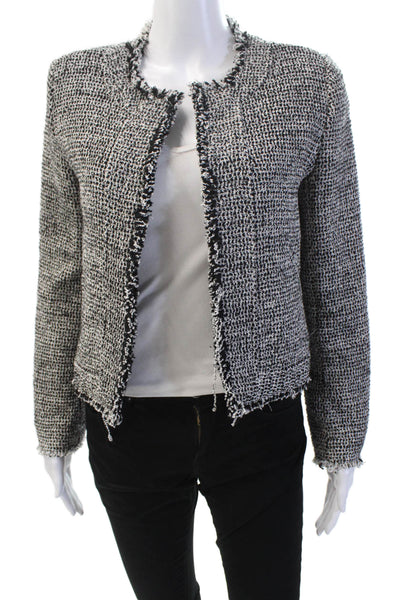 IRO Womens Long Sleeve Fringe Open Front Knit Jacket White Black Size FR 34