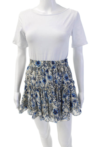 Misa Womens Elastic Waistband Floral Mini A Line Skirt White Blue Size XS