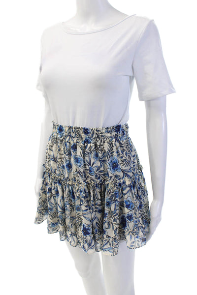 Misa Womens Elastic Waistband Floral Mini A Line Skirt White Blue Size XS